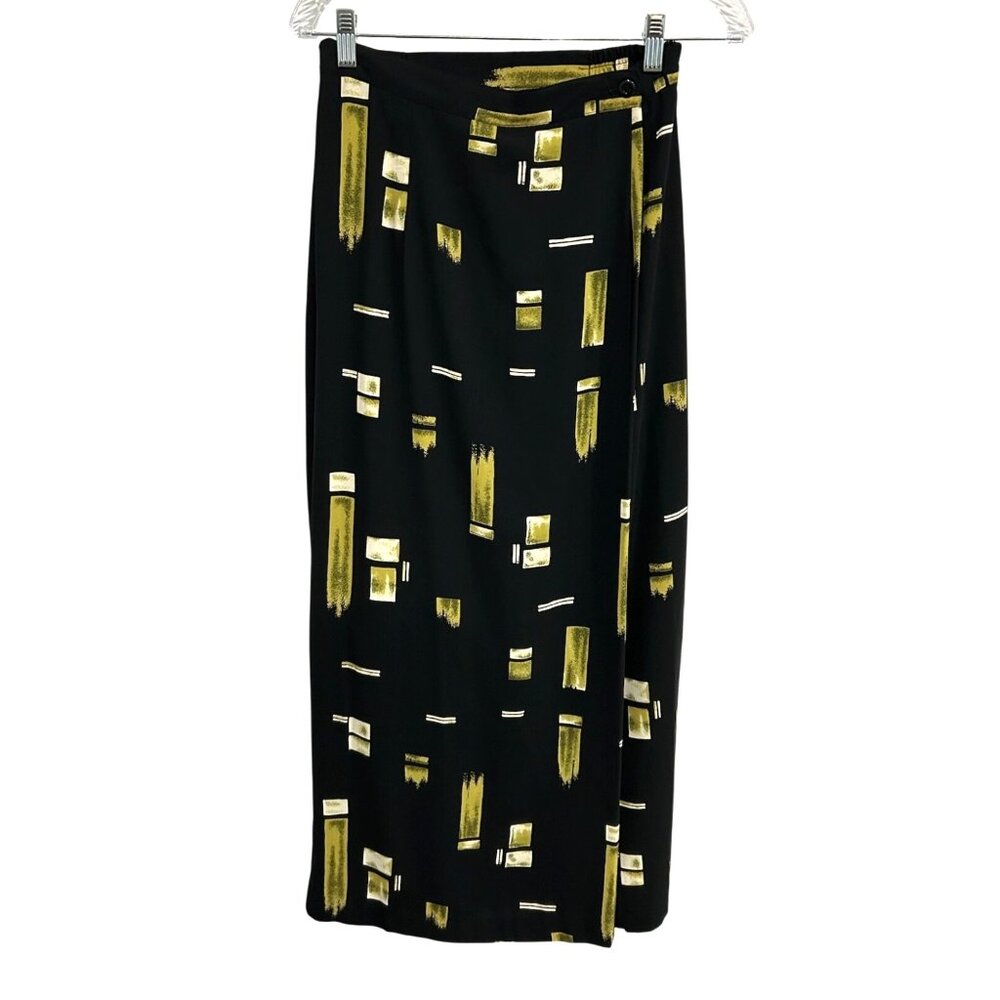 Vintage Studio C Womens Black Yellow Artistic Print Midi Skirt Sz Medium